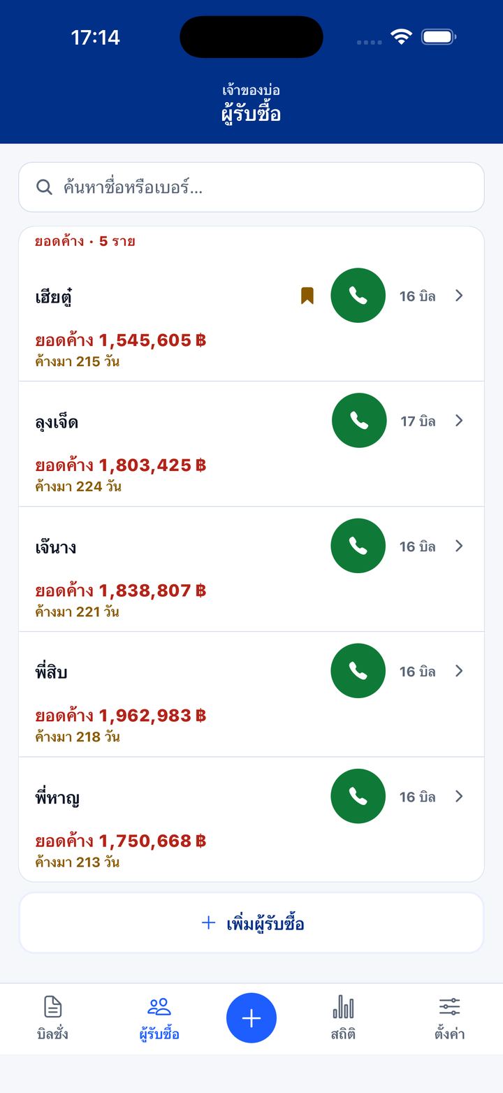 หน้าจอผู้รับซื้อ: ใครยังค้างเงิน ค้างเท่าไร กี่วันแล้ว พร้อมปุ่มโทรข้างชื่อ