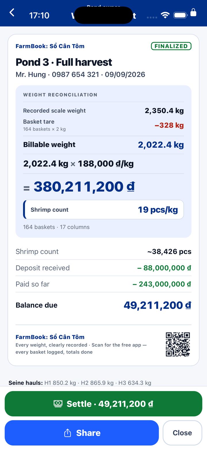 The weighing ticket: kilos times price, shrimp count, deposit and payments deducted, balance due, and a QR code at the bottom