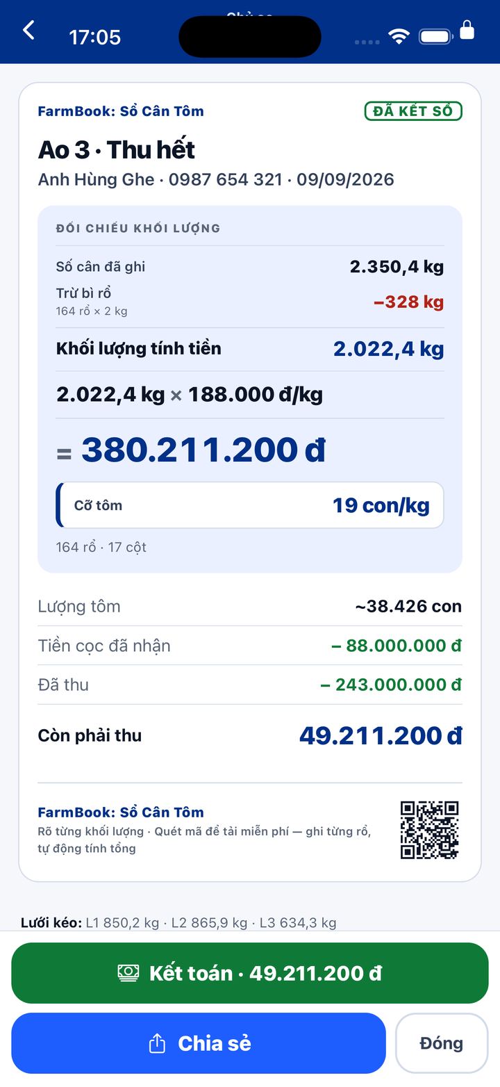 Phiếu cân: số ký nhân đơn giá ra thành tiền, cỡ tôm, trừ cọc, trừ đã thu, còn phải thu, và mã QR ở chân phiếu