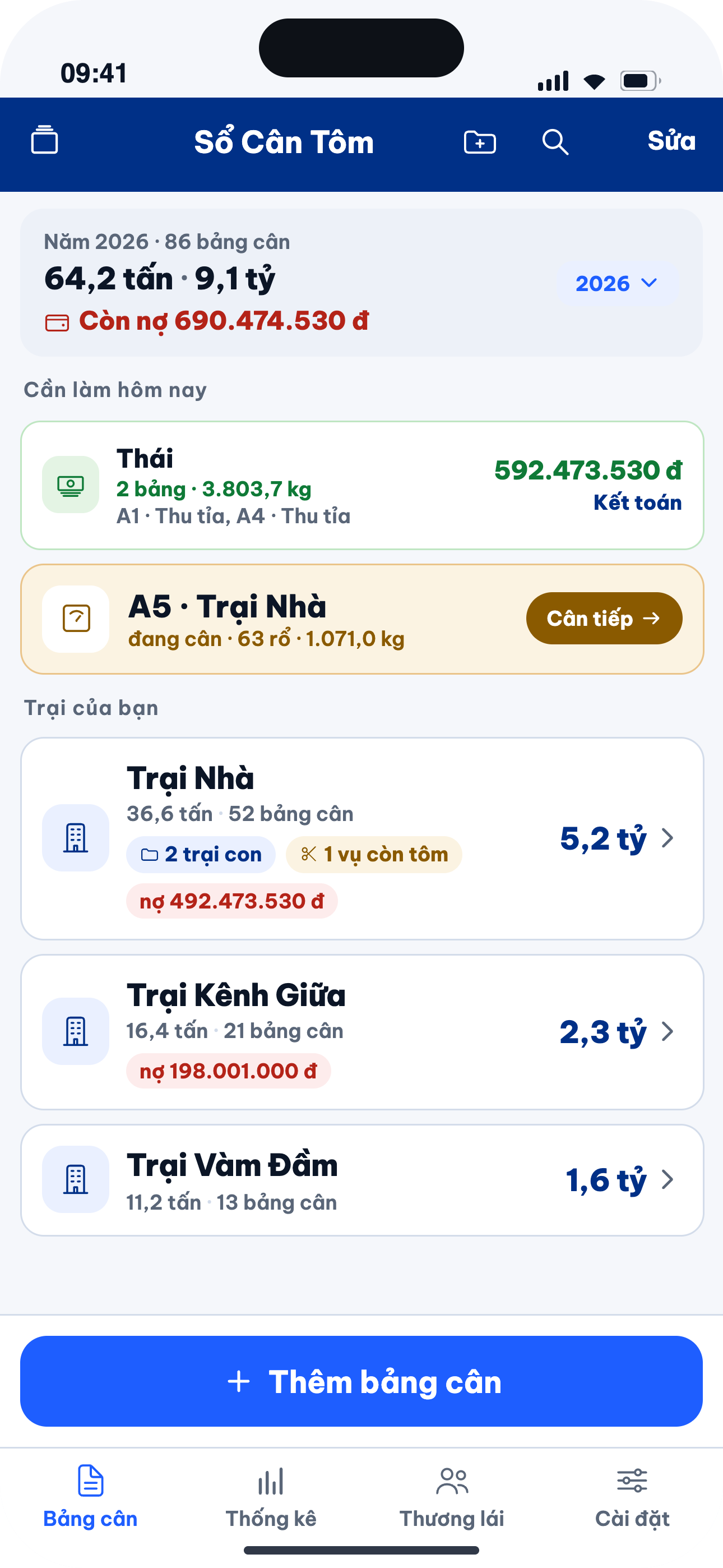 Màn hình app Sổ Cân Tôm trên điện thoại, đang cân một bảng tôm